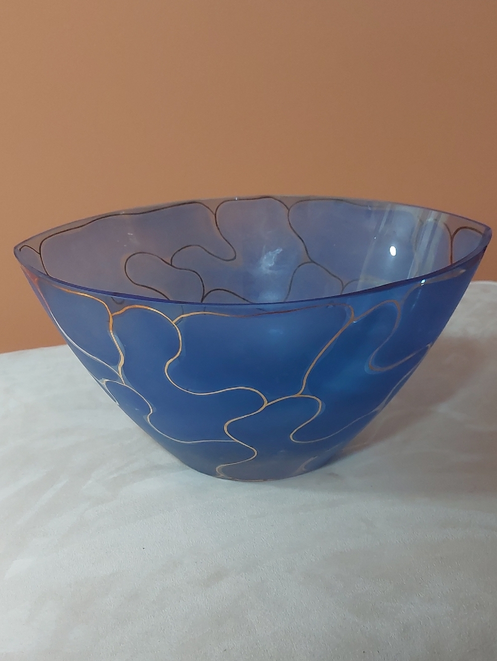 Vintage Blue Decorative Glass Bowl with Gold Accents. Maide In Poland